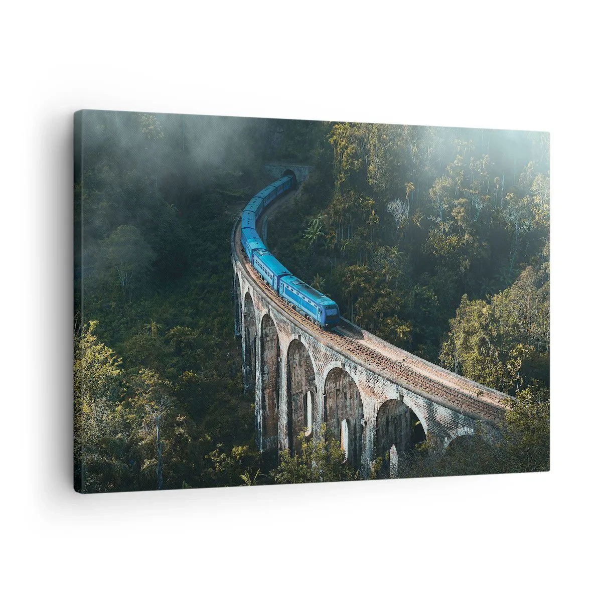 Canvas picture - A blue train on a historic viaduct among the forests - 70x50cm - Train through Nature - Modern wall decoration for the living room and bedroom ARTTOR