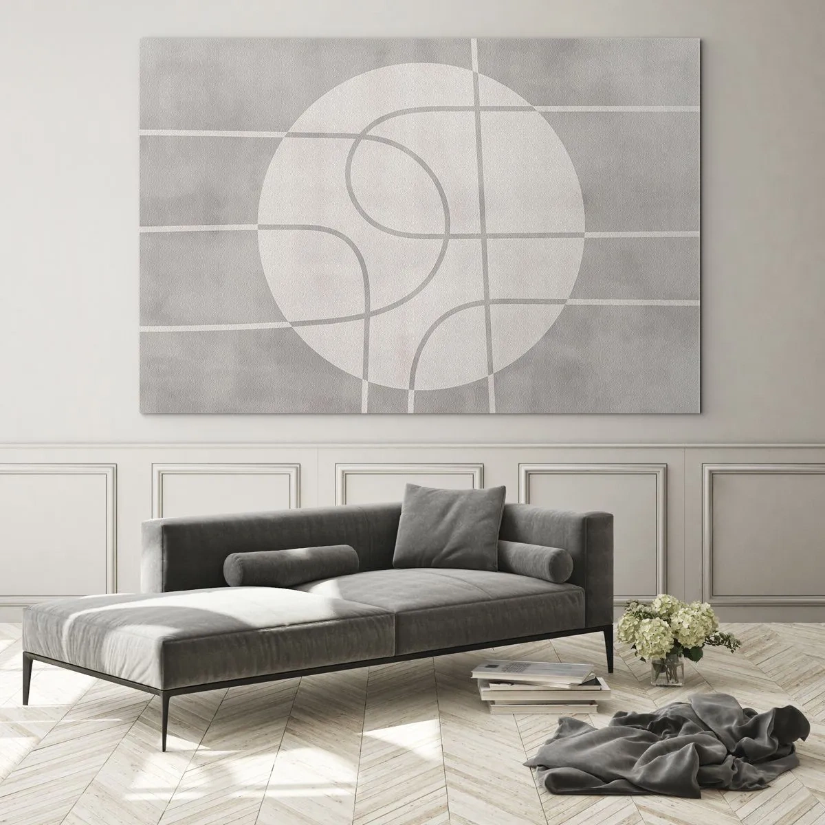 Glass picture - Beige lines and circles creating a geometric composition - 70x50cm - Circular and Straight - Modern wall decoration for the living room and bedroom ARTTOR