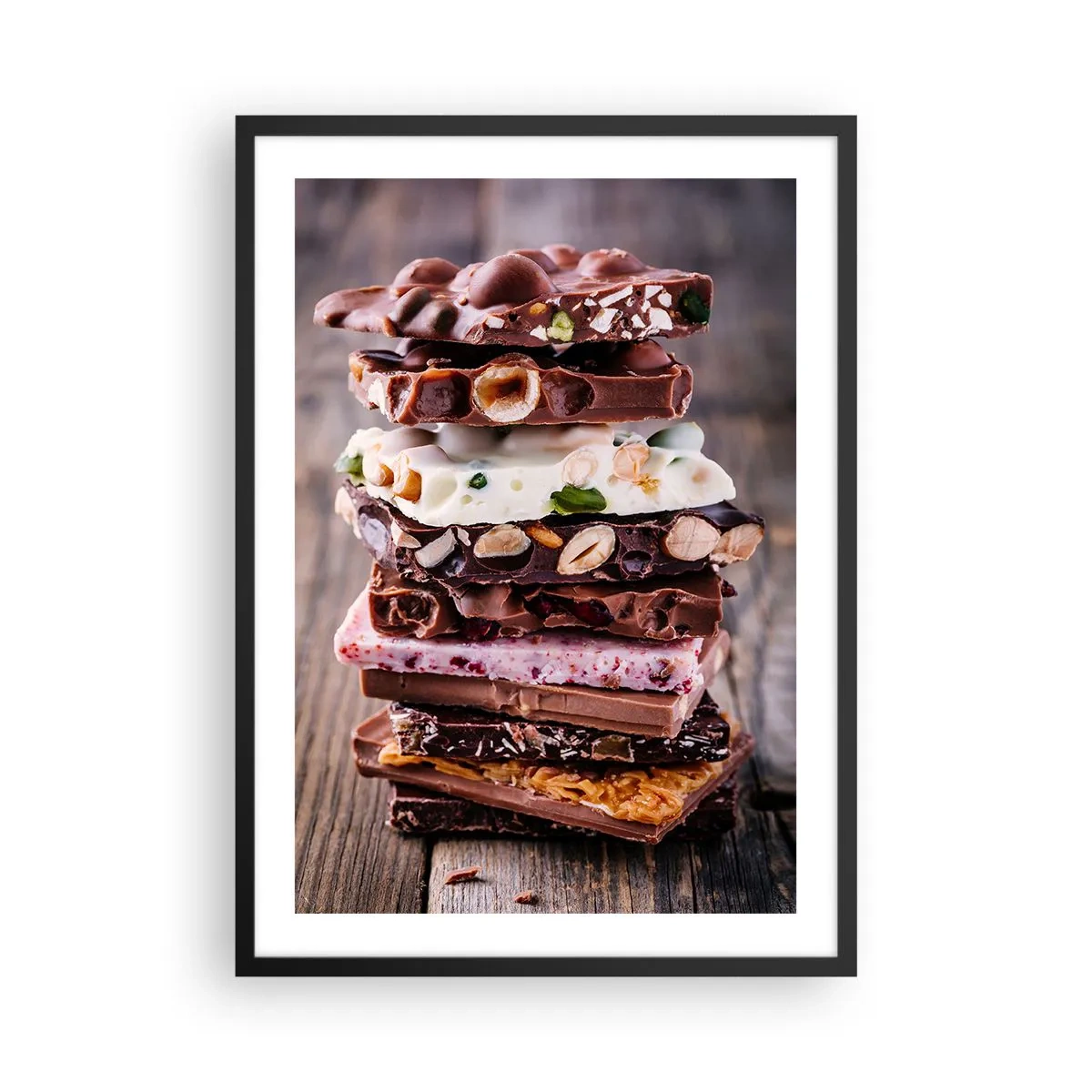 Poster in black frame - A stack of chocolate bars with nuts and fruit - 50x70cm - Delightful Prospect - Modern wall decoration for the living room and bedroom ARTTOR