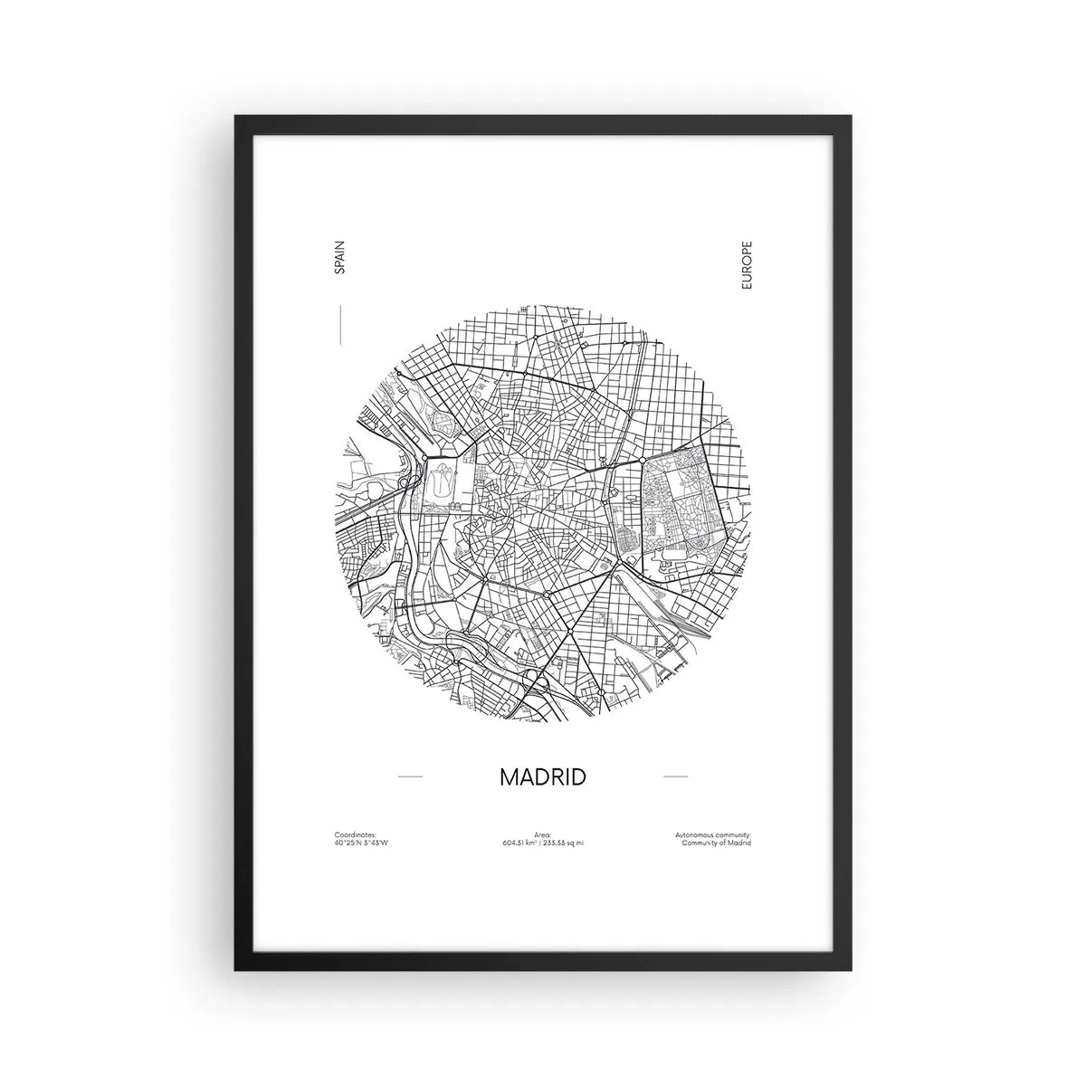 Poster in black frame - A minimalist map of Madrid in black and white. - 50x70cm - Anatomy of Madrid - Modern wall decoration for the living room and bedroom ARTTOR