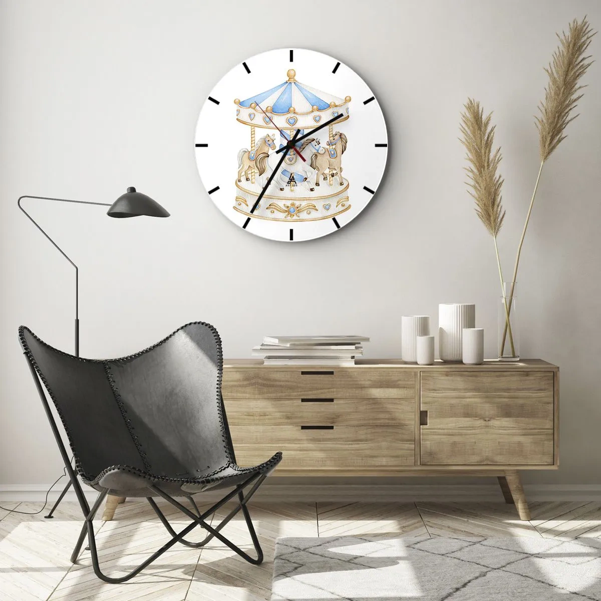 Wall clock - Clock on glass - A carousel with horses in pastel shades of blue and beige - 30x30cm - Sweet Childhood - Modern wall decoration for the living room, kitchen, and bedroom ARTTOR