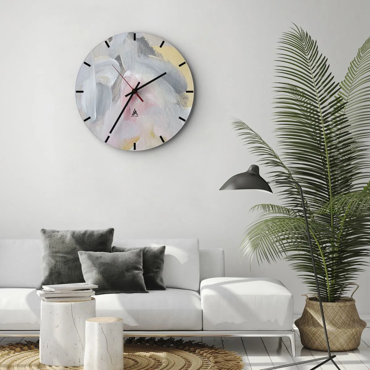 Wall clock - Clock on glass - Abstract pastel spots in shades of pink and gray - 30x30cm - In a Pastel World - Modern wall decoration for the living room, kitchen, and bedroom ARTTOR