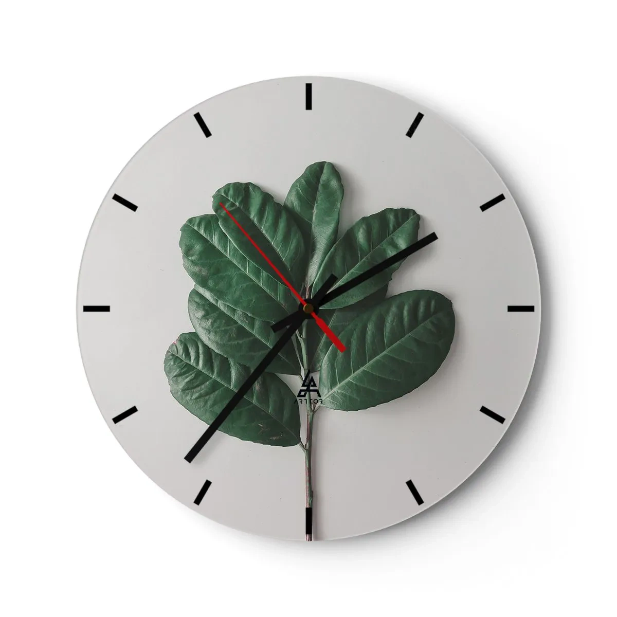 Wall clock - Clock on glass - A green branch with large leaves on a light background - 30x30cm - Drawing of Nature Itself - Modern wall decoration for the living room, kitchen, and bedroom ARTTOR
