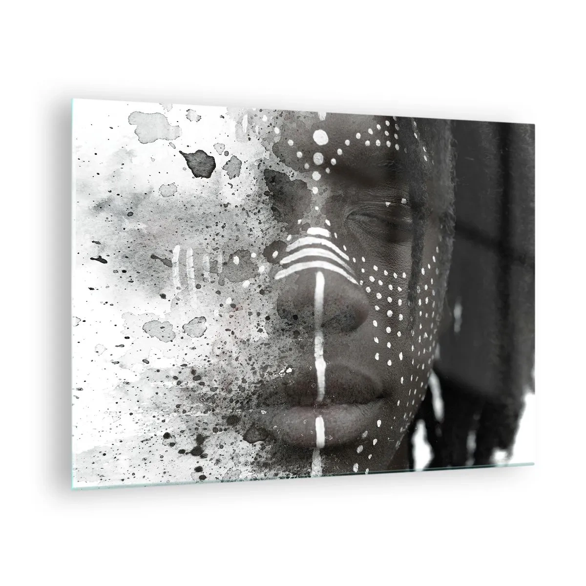 Glass picture - Portrait with ethnic patterns in black and white with a watercolor effect - 70x50cm - Dsicover Primordial Spirit - Modern wall decoration for the living room and bedroom ARTTOR