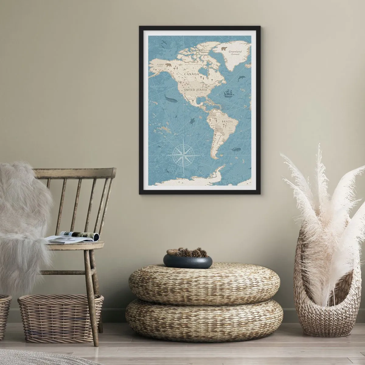 Poster in black frame - Stylized map of North and South America - 50x70cm - World Within Your Fingertips - Modern wall decoration for the living room and bedroom ARTTOR