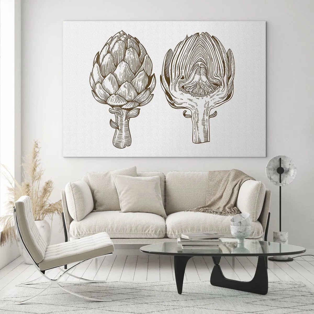Glass picture - Botanical drawing of an artichoke in its entirety and in cross-section - 70x50cm - Anatomy Lesson - Modern wall decoration for the living room and bedroom ARTTOR