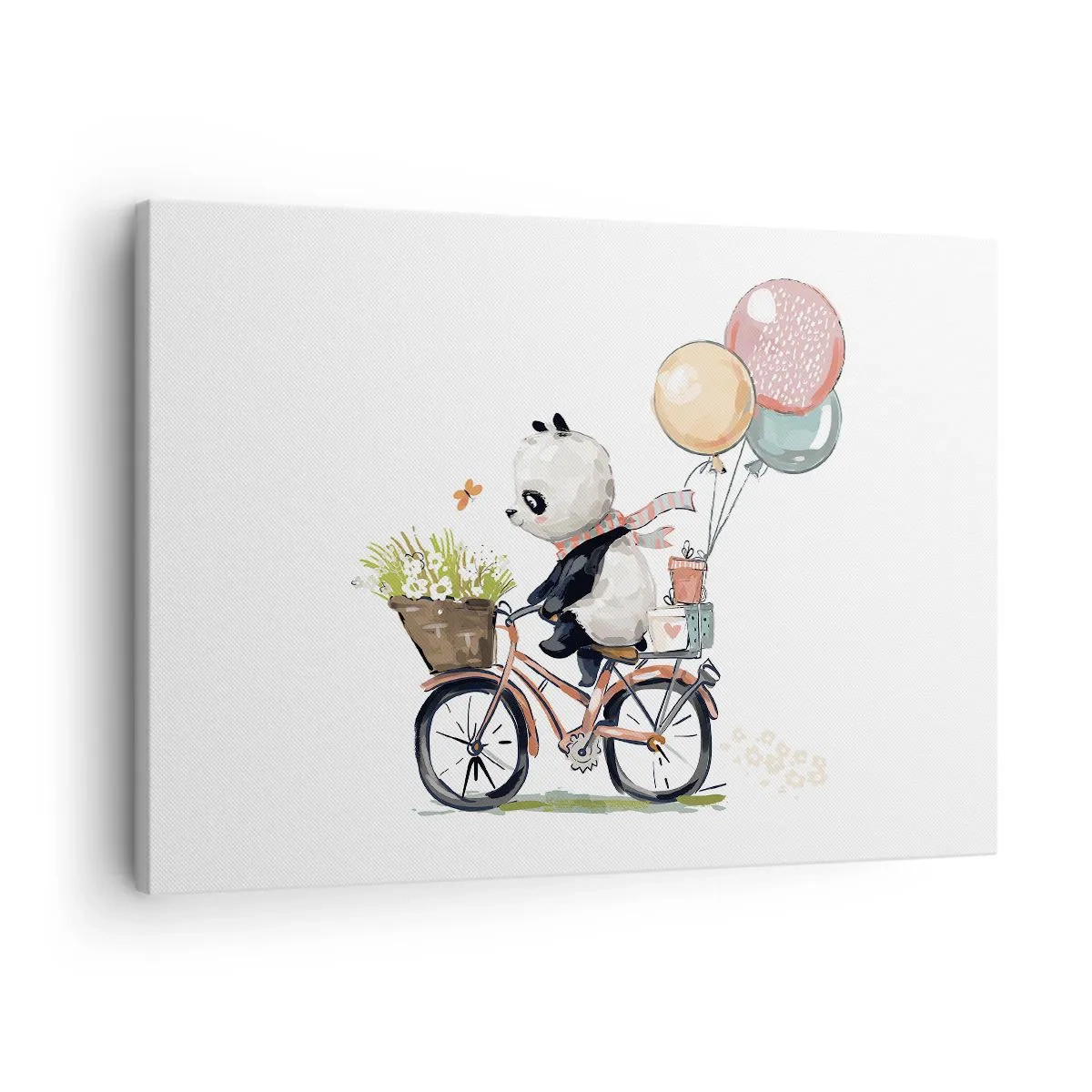 Canvas picture - Panda on a bike with balloons and flowers - 70x50cm - Lucky Day - Modern wall decoration for the living room and bedroom ARTTOR