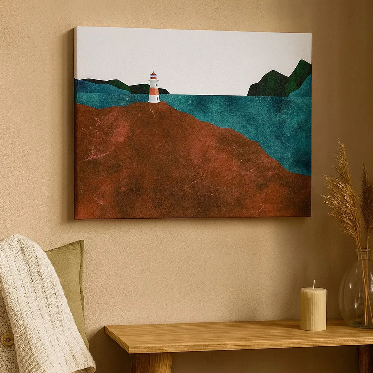 Canvas picture - A lighthouse against the backdrop of mountains and the sea - 70x50cm - Gazing at the Sea - Modern wall decoration for the living room and bedroom ARTTOR