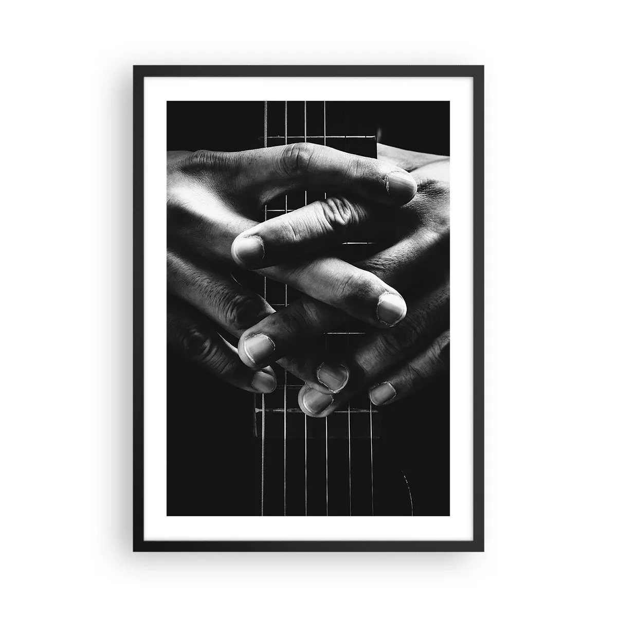 Poster in black frame - Hands clasped on the strings of a guitar in black and white - 50x70cm - Artist's Prayer - Modern wall decoration for the living room and bedroom ARTTOR