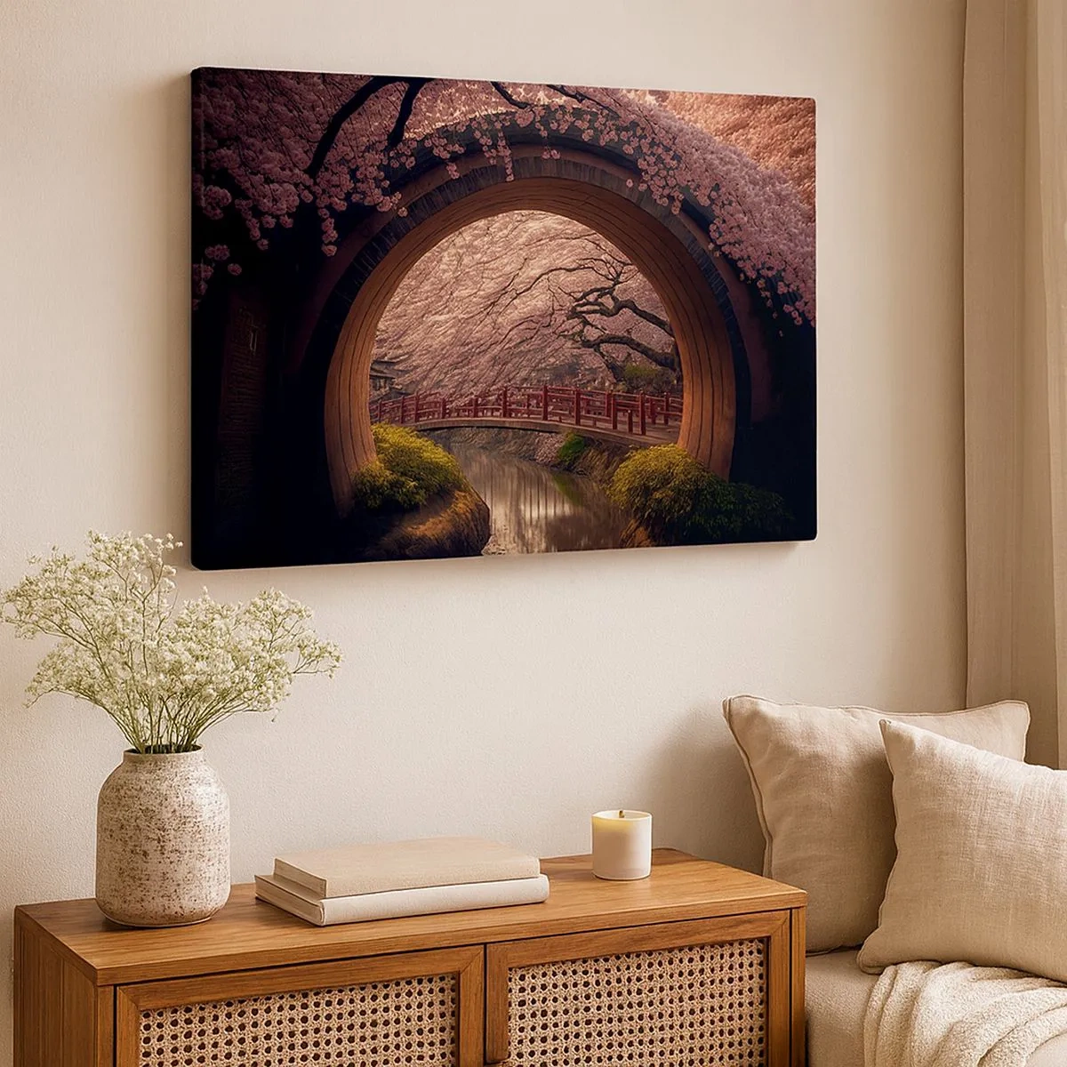 Canvas picture - A traditional Japanese bridge surrounded by cherry blossoms - 70x50cm - Japanese Spring - Modern wall decoration for the living room and bedroom ARTTOR