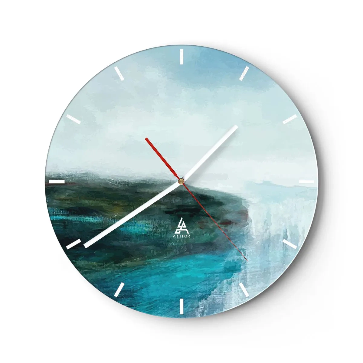 Wall clock - Clock on glass - A seascape with a cliff in turquoise and blue tones - 30x30cm - Marine Abstract - Modern wall decoration for the living room, kitchen, and bedroom ARTTOR