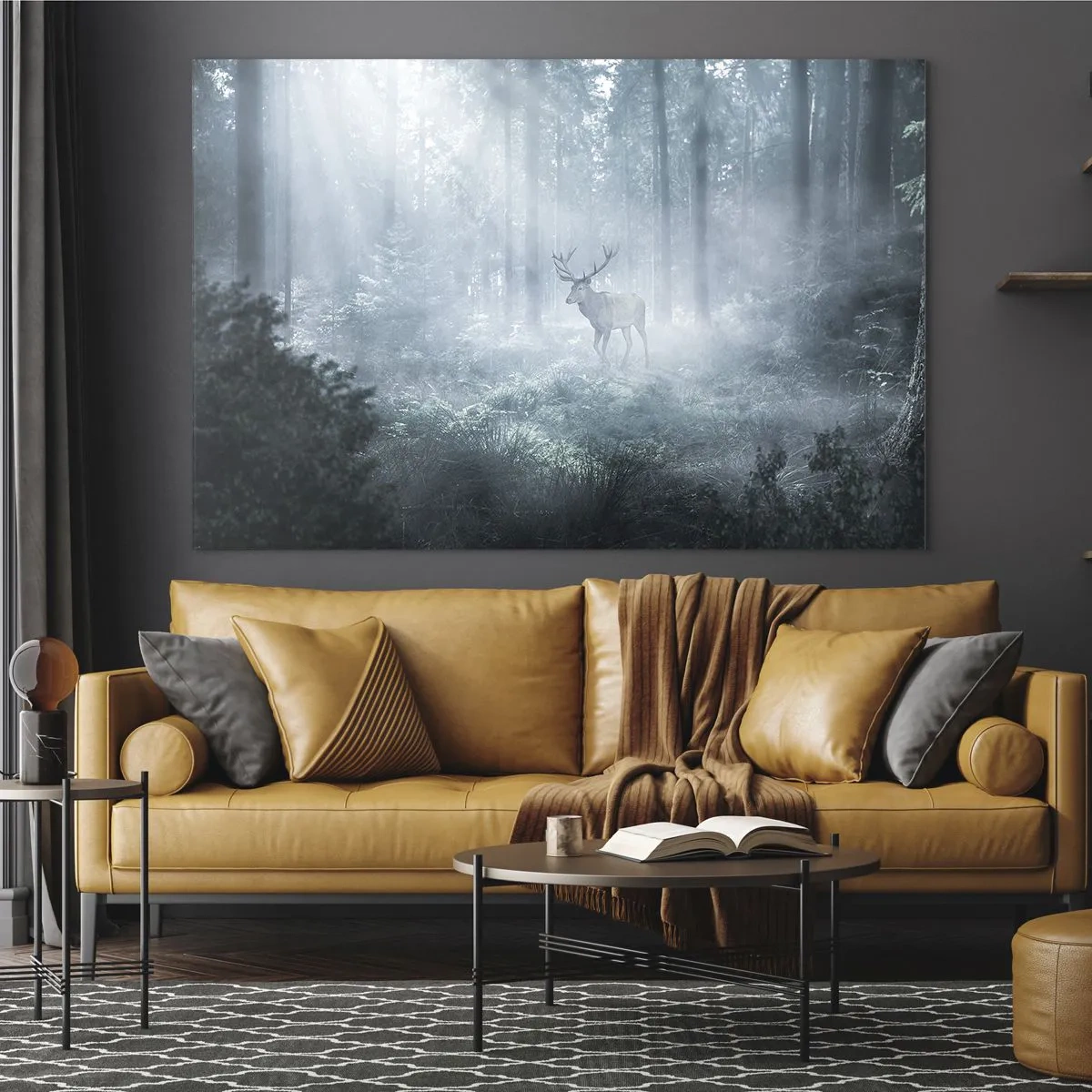 Glass picture - A deer in a misty forest illuminated by the rays of the morning sun - 70x50cm - Morning Round of the Estate - Modern wall decoration for the living room and bedroom ARTTOR