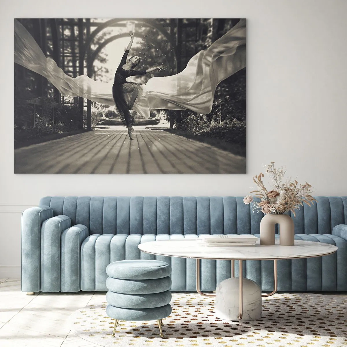 Glass picture - A dancer in motion against a garden background in black and white. - 70x50cm - Dance of the Garden Spirit - Modern wall decoration for the living room and bedroom ARTTOR