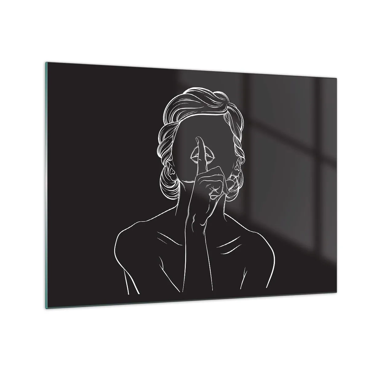 Glass picture - A minimalist silhouette of a woman making a gesture of silence. - 70x50cm - Beauty Blossoms in Soul - Modern wall decoration for the living room and bedroom ARTTOR