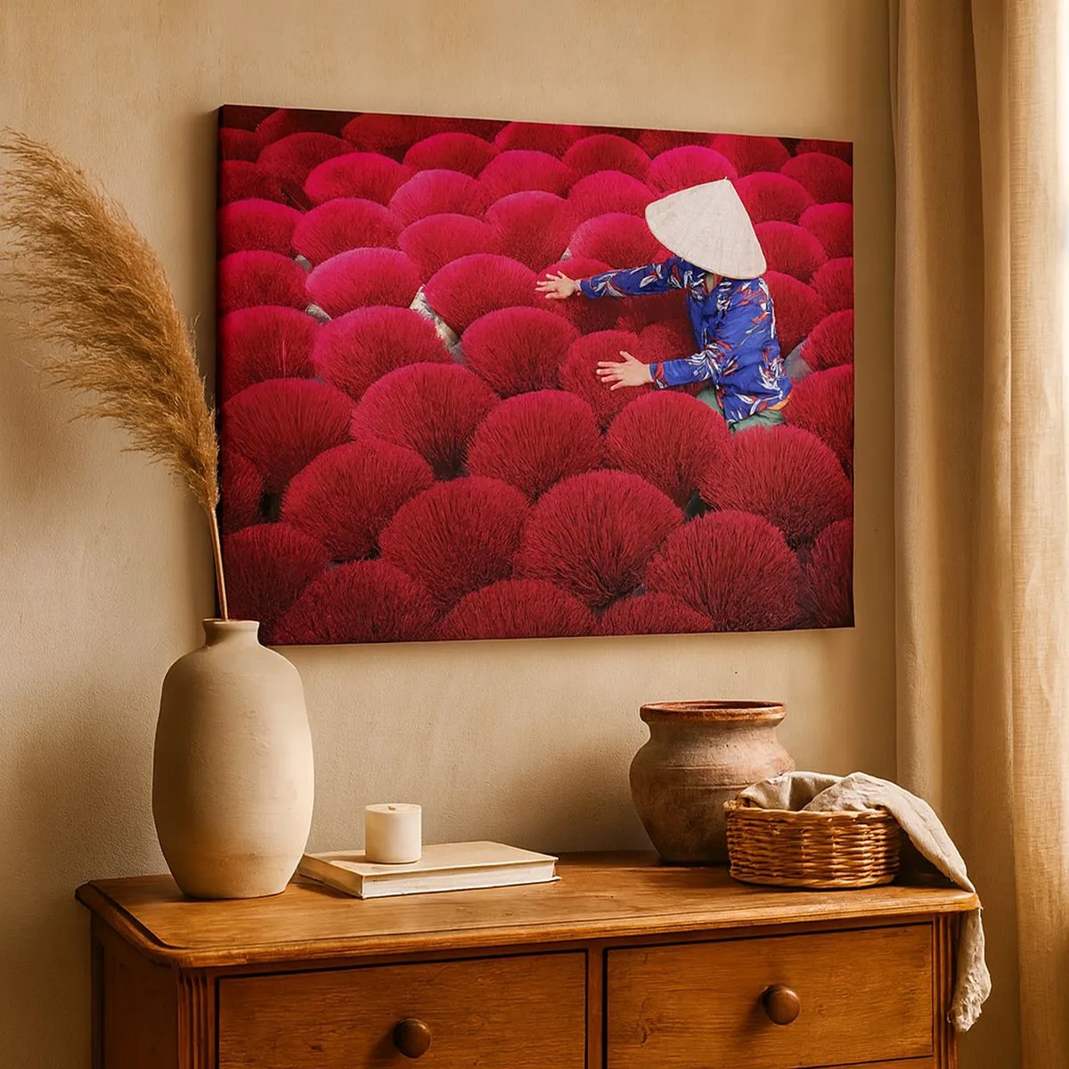 Canvas picture - A woman wearing a traditional hat among red incense sticks - 70x50cm - In the Rice Field - Modern wall decoration for the living room and bedroom ARTTOR