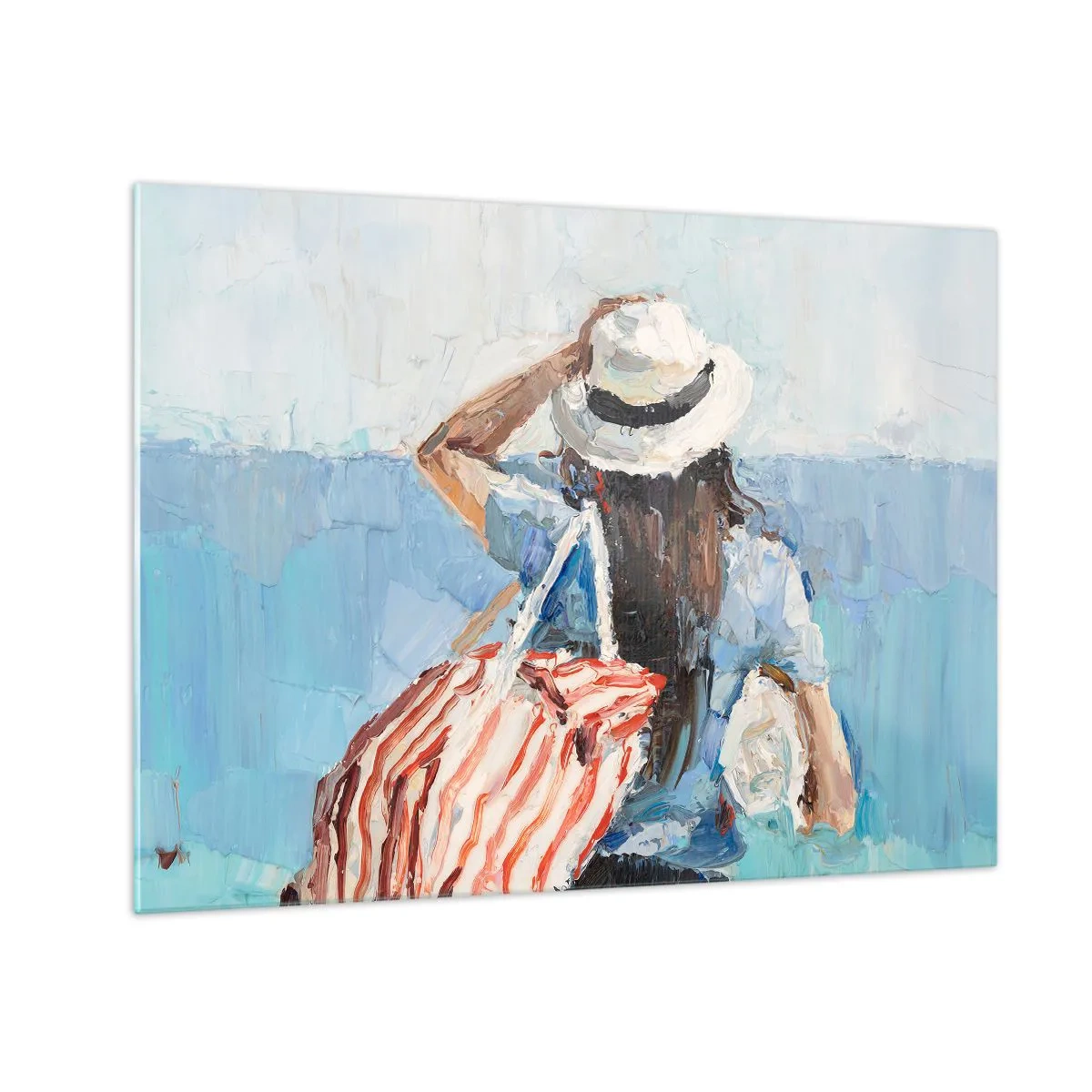 Glass picture - A woman with a striped bag looking out to sea on a sunny day. - 70x50cm - Welcome to Holiday - Modern wall decoration for the living room and bedroom ARTTOR