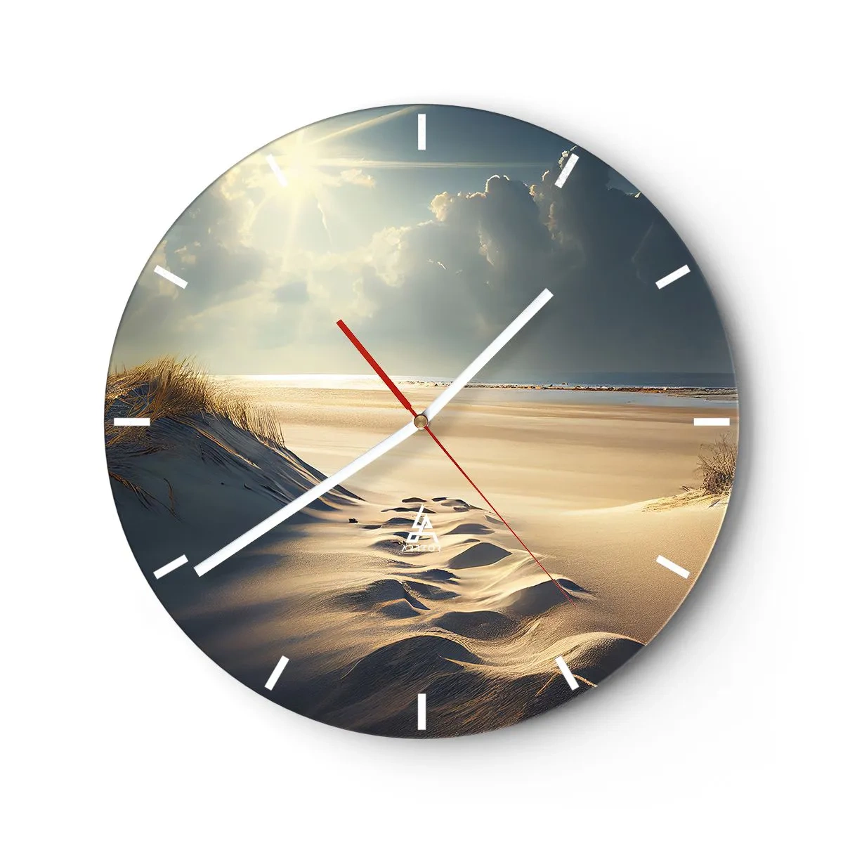 Wall clock - Clock on glass - Sand dunes illuminated by the sun's rays with a view of the horizon - 30x30cm - Calming Landscape - Modern wall decoration for the living room, kitchen, and bedroom ARTTOR