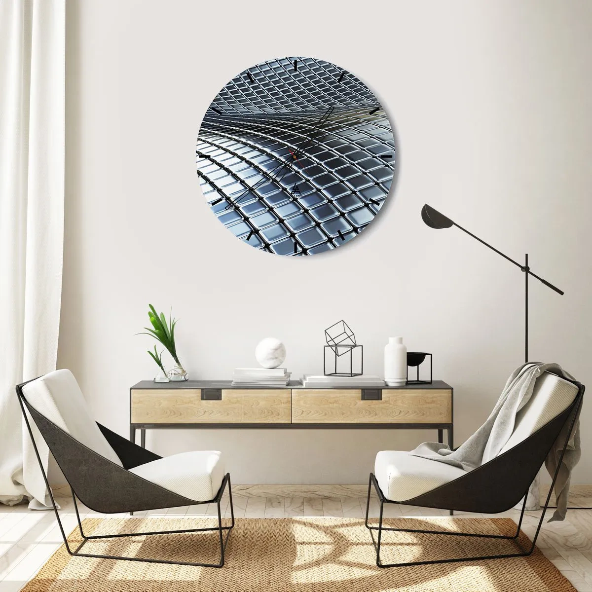 Wall clock - Clock on glass - Futuristic surface made of metal panels in a silver shade - 30x30cm - Metallic Silver Wave - Modern wall decoration for the living room, kitchen, and bedroom ARTTOR