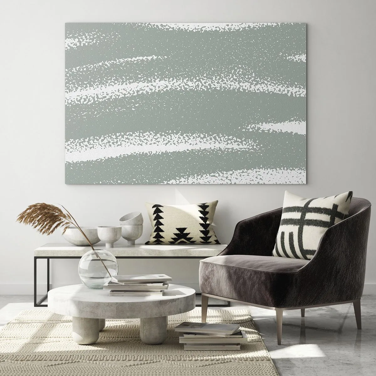 Glass picture - White stripes on a cool green background - 70x50cm - Abstrcat in Winter Climate - Modern wall decoration for the living room and bedroom ARTTOR