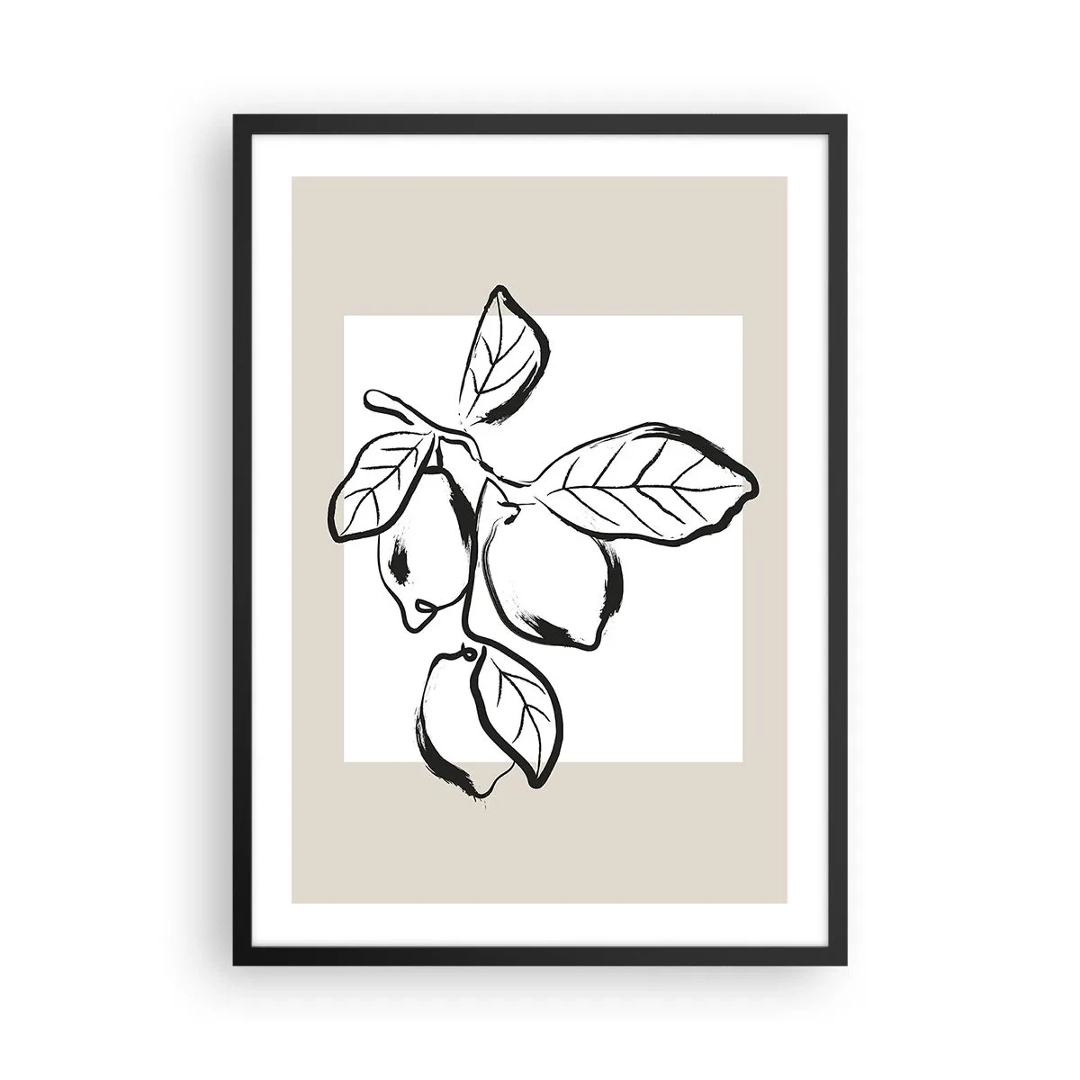 Poster in black frame - A minimalist illustration of a lemon branch in black and white style. - 50x70cm - Where Lemon Matures - Modern wall decoration for the living room and bedroom ARTTOR