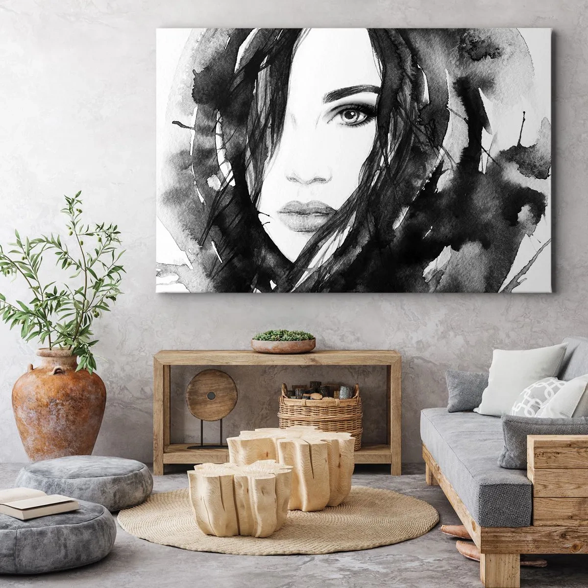 Canvas picture - Portrait of a woman in black and white watercolor - 70x50cm - Portriat of a Lady in Black and White - Modern wall decoration for the living room and bedroom ARTTOR