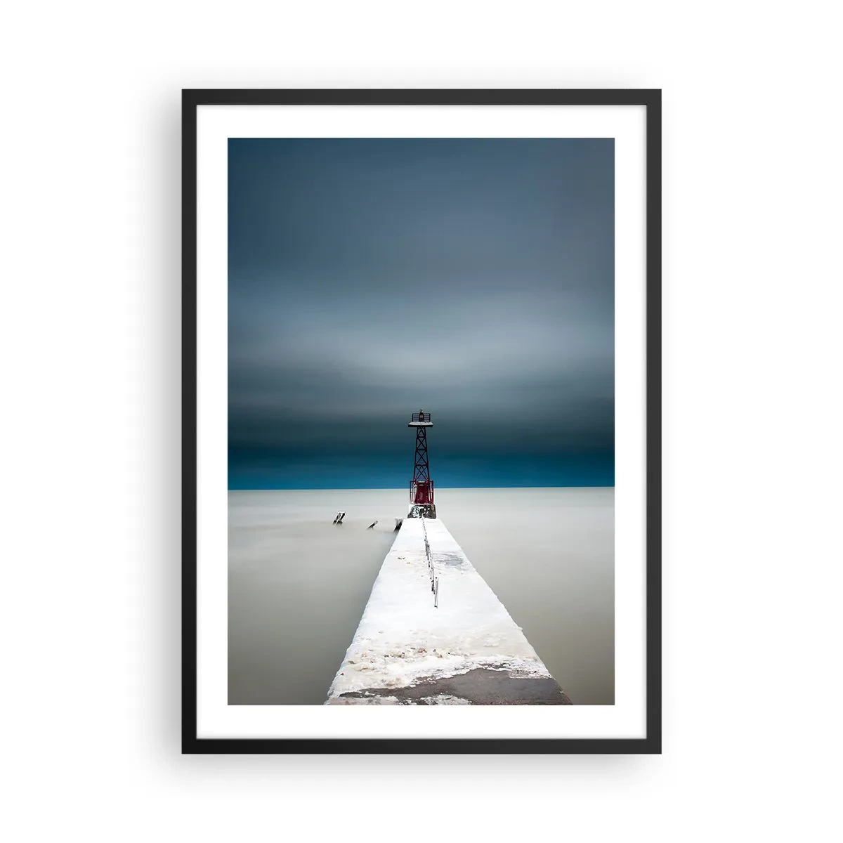 Poster in black frame - lighthouse at the end of the pier in a minimalist style - 50x70cm - Encounter with Infinity - Modern wall decoration for the living room and bedroom ARTTOR