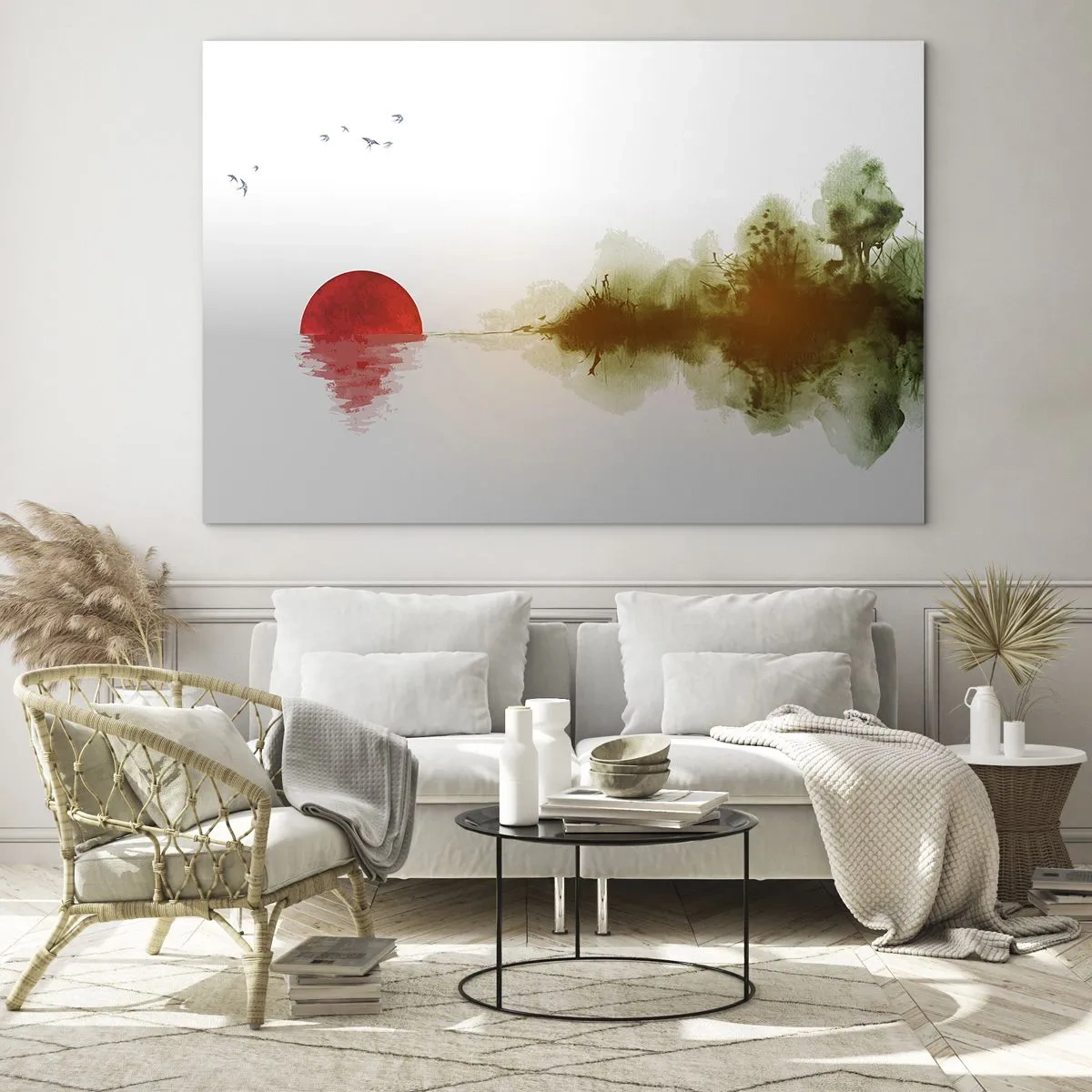 Glass picture - Red sun over the water and the forest outline - 70x50cm - Promise of Peace - Modern wall decoration for the living room and bedroom ARTTOR