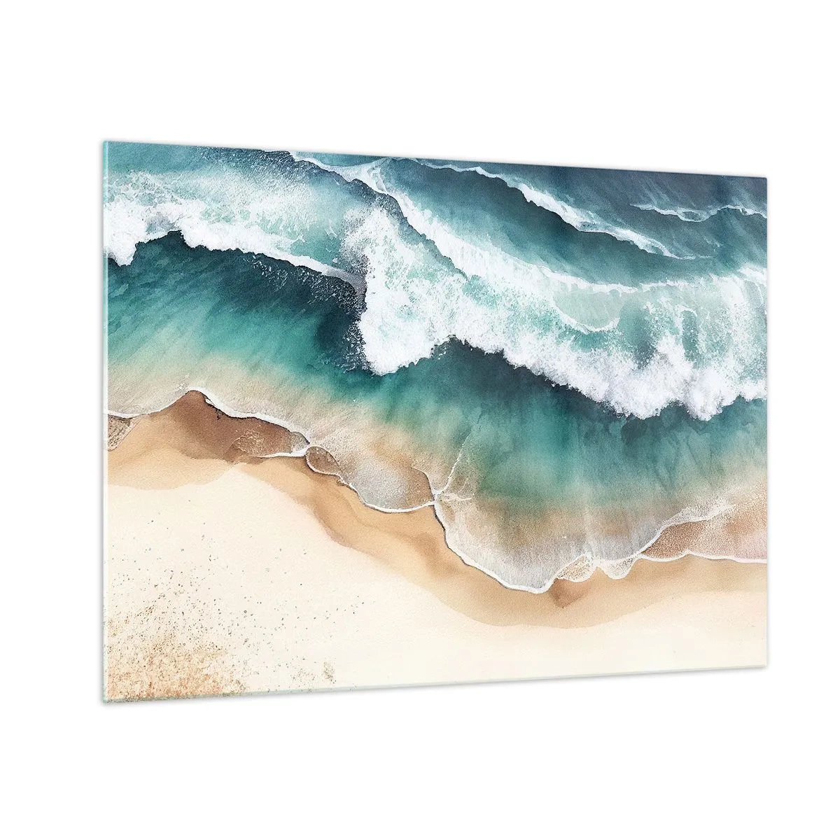 Glass picture - Ocean waves crashing onto a golden, sandy beach - 70x50cm - Eternal Encounter - Modern wall decoration for the living room and bedroom ARTTOR