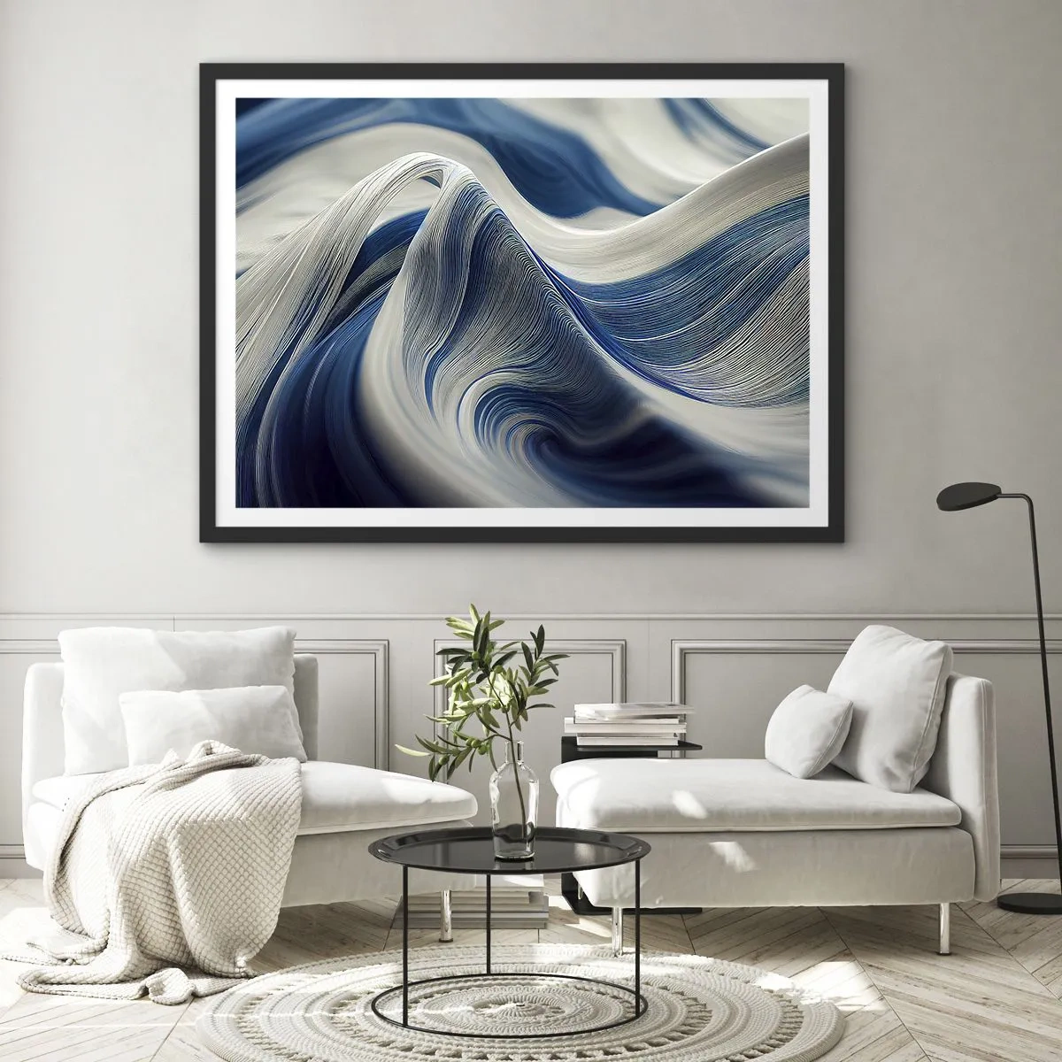 Poster in black frame - Fluidity of Blue and White - 70x50 cm