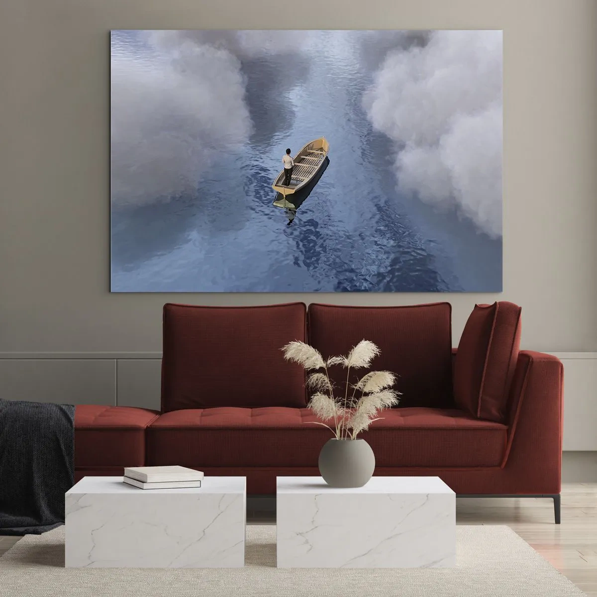 Glass picture - A man in a boat sailing through the water among the clouds - 70x50cm - Life - Travel - Unknown - Modern wall decoration for the living room and bedroom ARTTOR