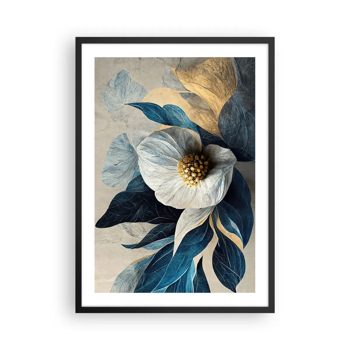 Poster in black frame - An elegant flower in shades of navy blue and gold - 50x70cm - With a Heart of Gold - Modern wall decoration for the living room and bedroom ARTTOR