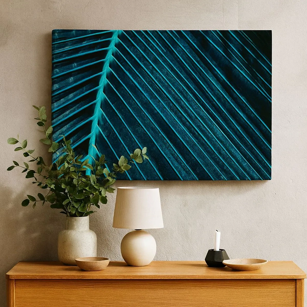 Canvas picture - Macro photography of a leaf in shades of turquoise and navy blue - 70x50cm - Texture of Green - Modern wall decoration for the living room and bedroom ARTTOR