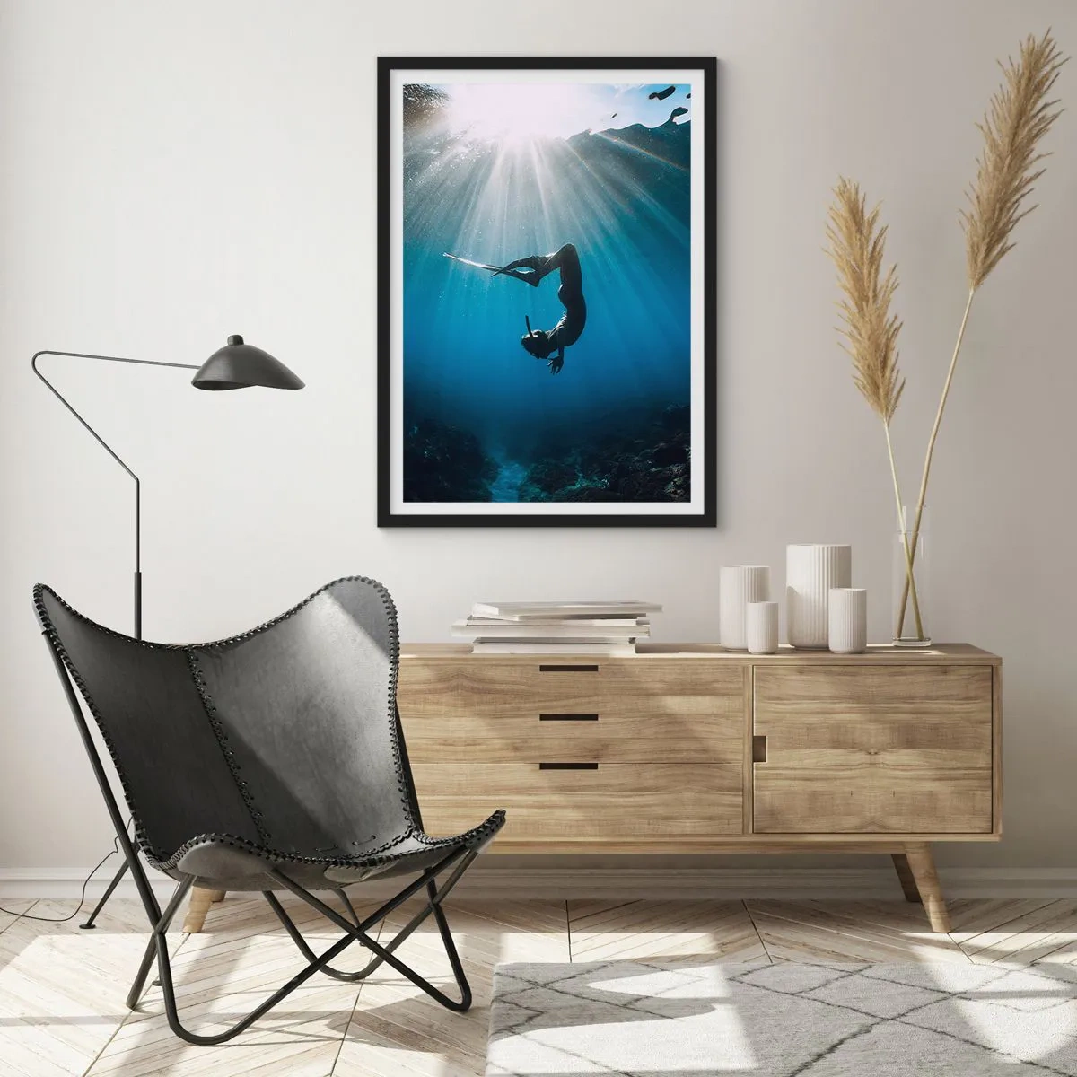 Poster in black frame - Diver in the rays of light underwater - 50x70cm - Underwater dance - Modern wall decoration for the living room and bedroom ARTTOR