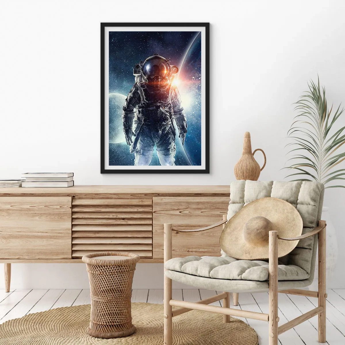 Poster in black frame - Astronaut in space with planets and stars in the background - 50x70cm - Space Adventure - Modern wall decoration for the living room and bedroom ARTTOR
