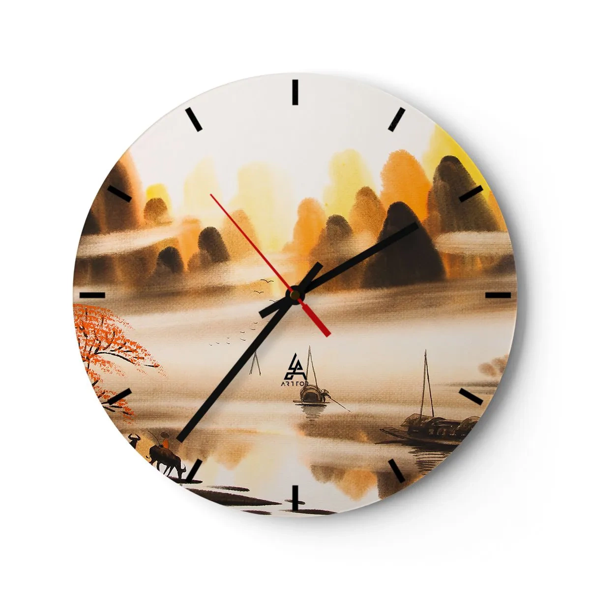 Wall clock - Clock on glass - Landscape with mountains and boats in the fog in an oriental style - 30x30cm - Further than Far East - Modern wall decoration for the living room, kitchen, and bedroom ARTTOR
