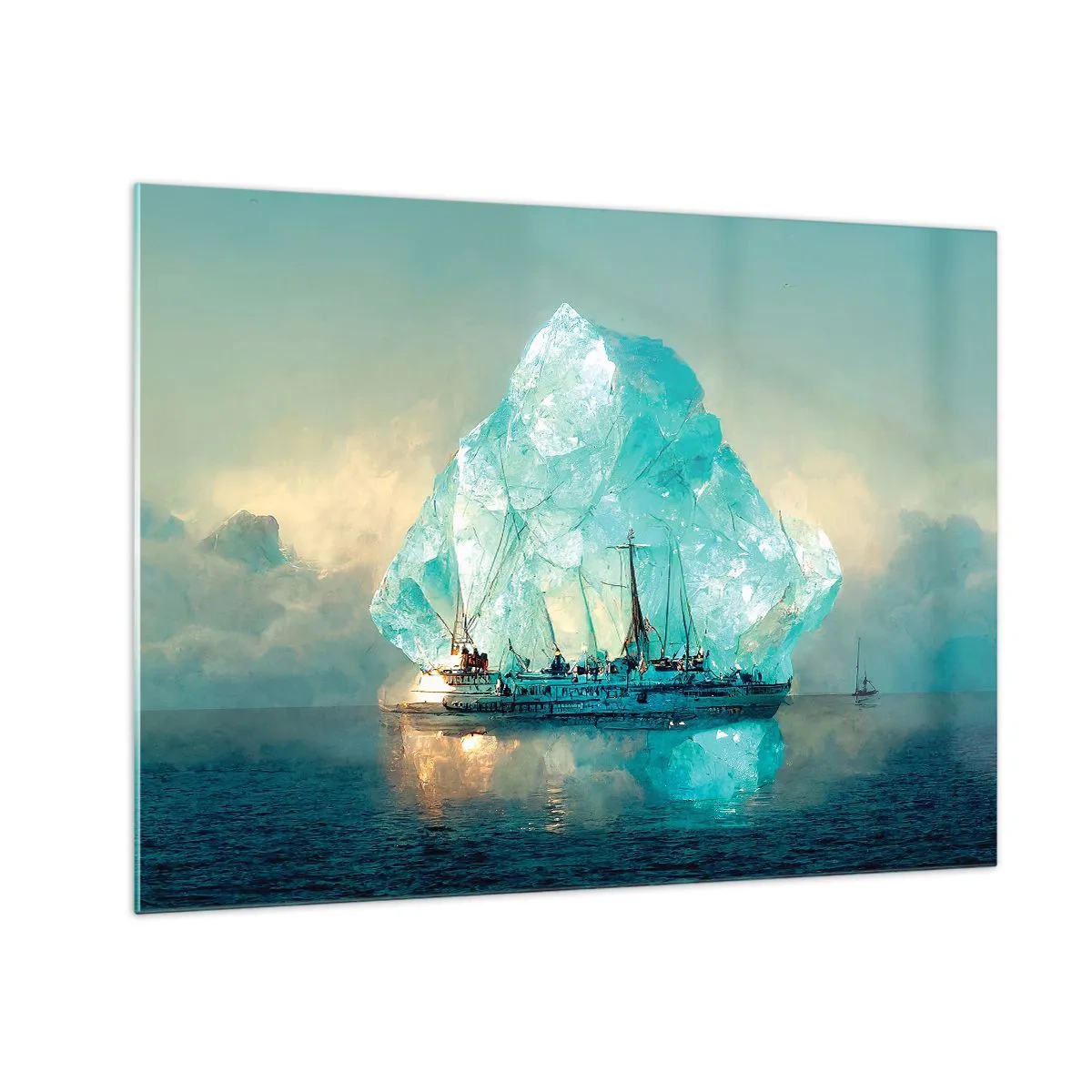 Glass picture - A sailing ship in front of a huge glacier in the Arctic light. - 70x50cm - Arctic Diamond - Modern wall decoration for the living room and bedroom ARTTOR