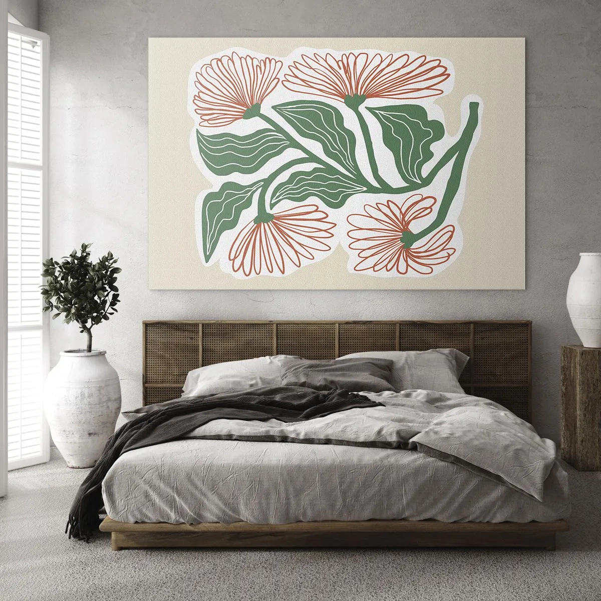 Glass picture - Decorative folk-style flowers on a light background - 70x50cm - Folk and Modern - Modern wall decoration for the living room and bedroom ARTTOR