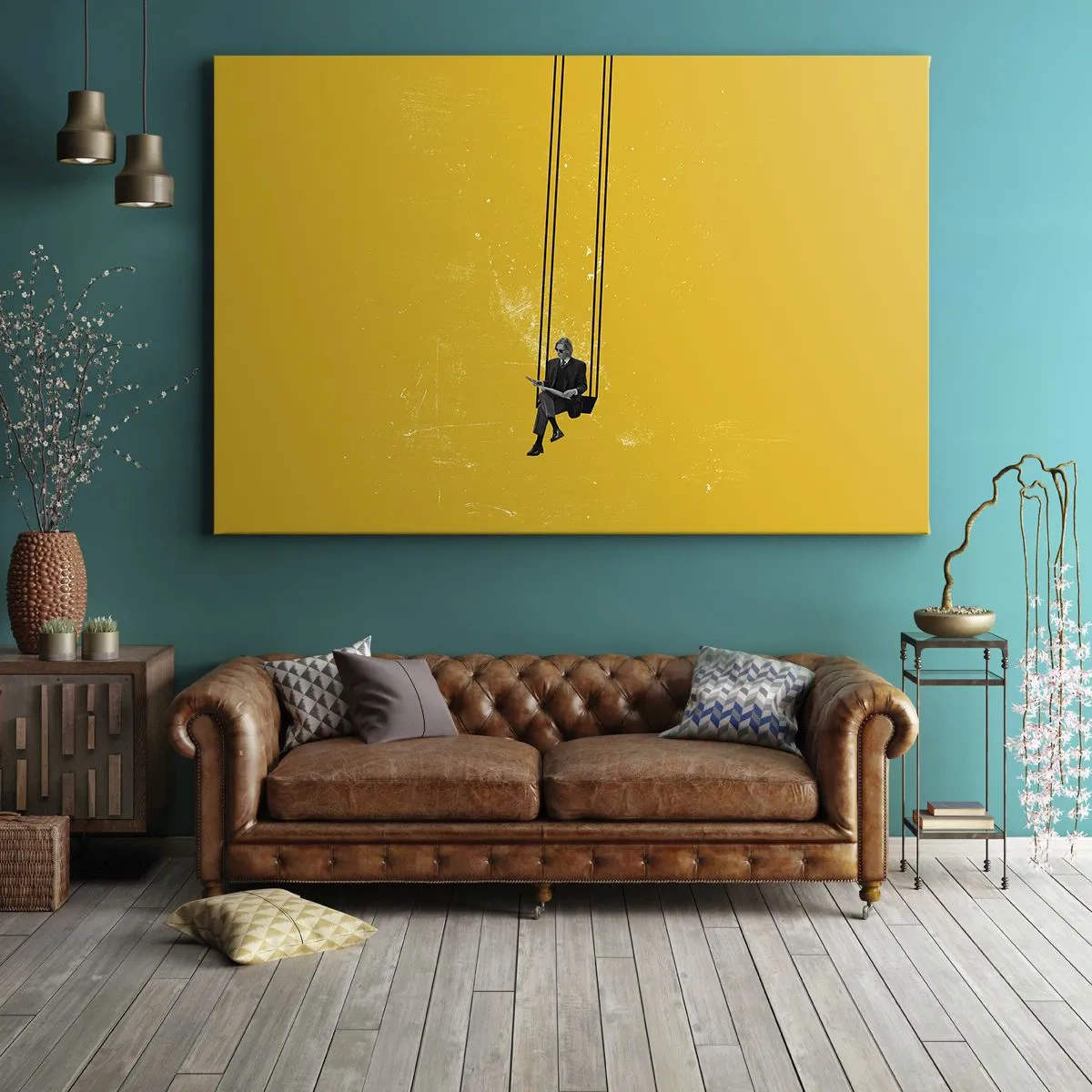 Canvas picture - A person on a swing against a background of intense yellow - 70x50cm - Day as a Any Other - Modern wall decoration for the living room and bedroom ARTTOR