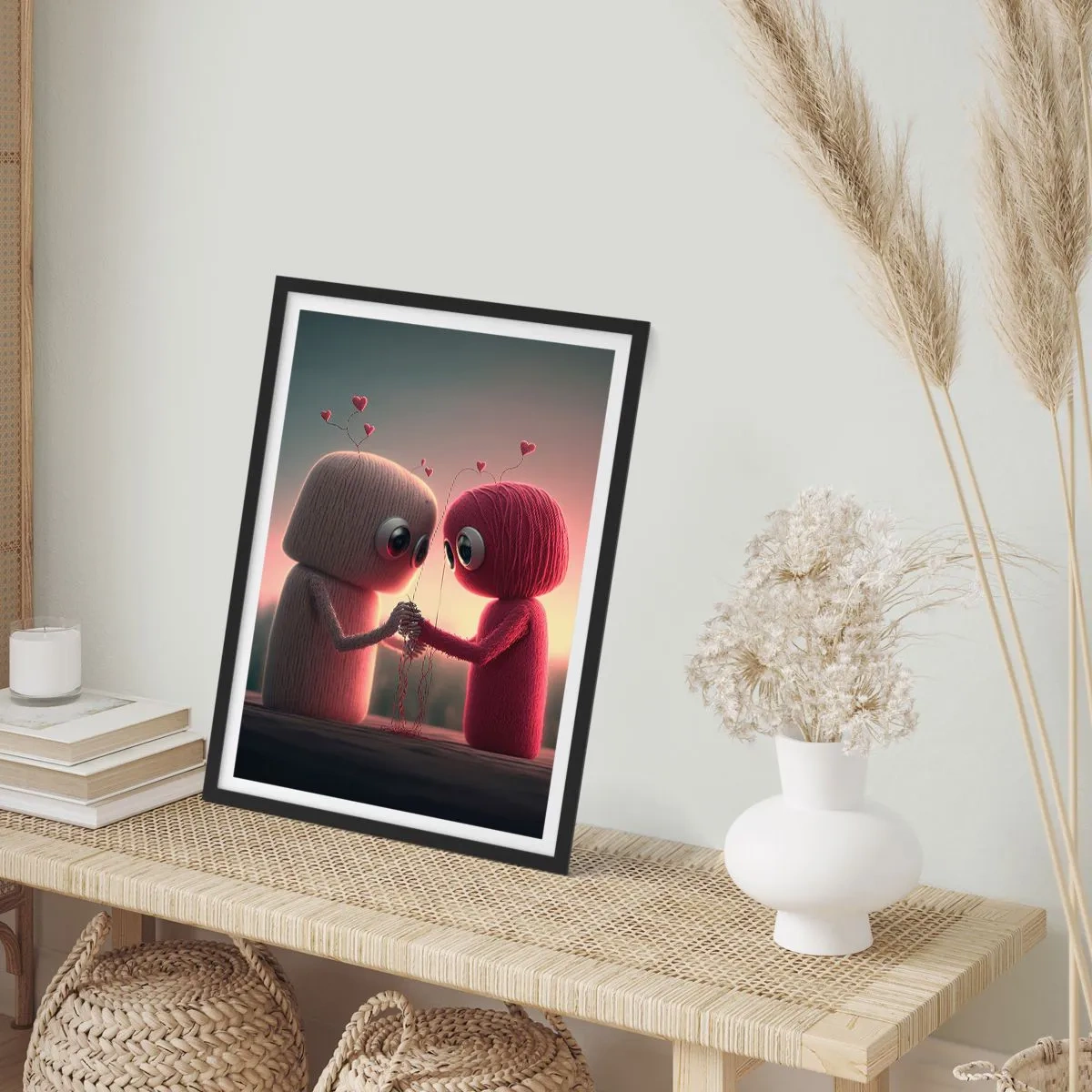 Poster in black frame - Adorable yarn characters holding hands - 50x70cm - Everyone Is Allowed to Love - Modern wall decoration for the living room and bedroom ARTTOR