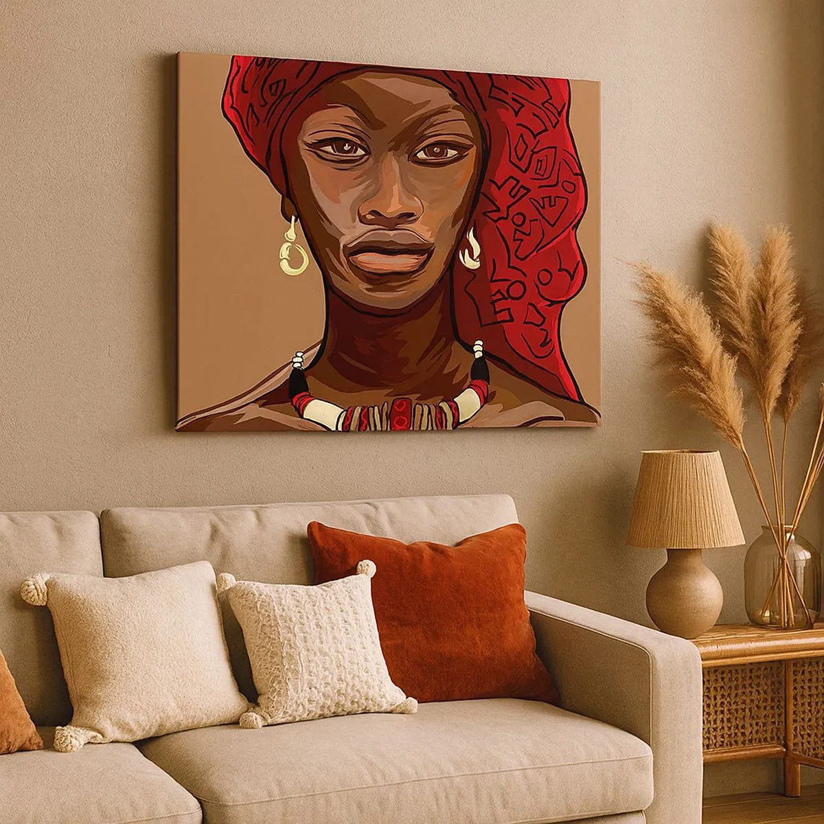 Canvas picture - Portrait of a woman with a red turban on a beige background - 70x50cm - Ebony Venus - Modern wall decoration for the living room and bedroom ARTTOR