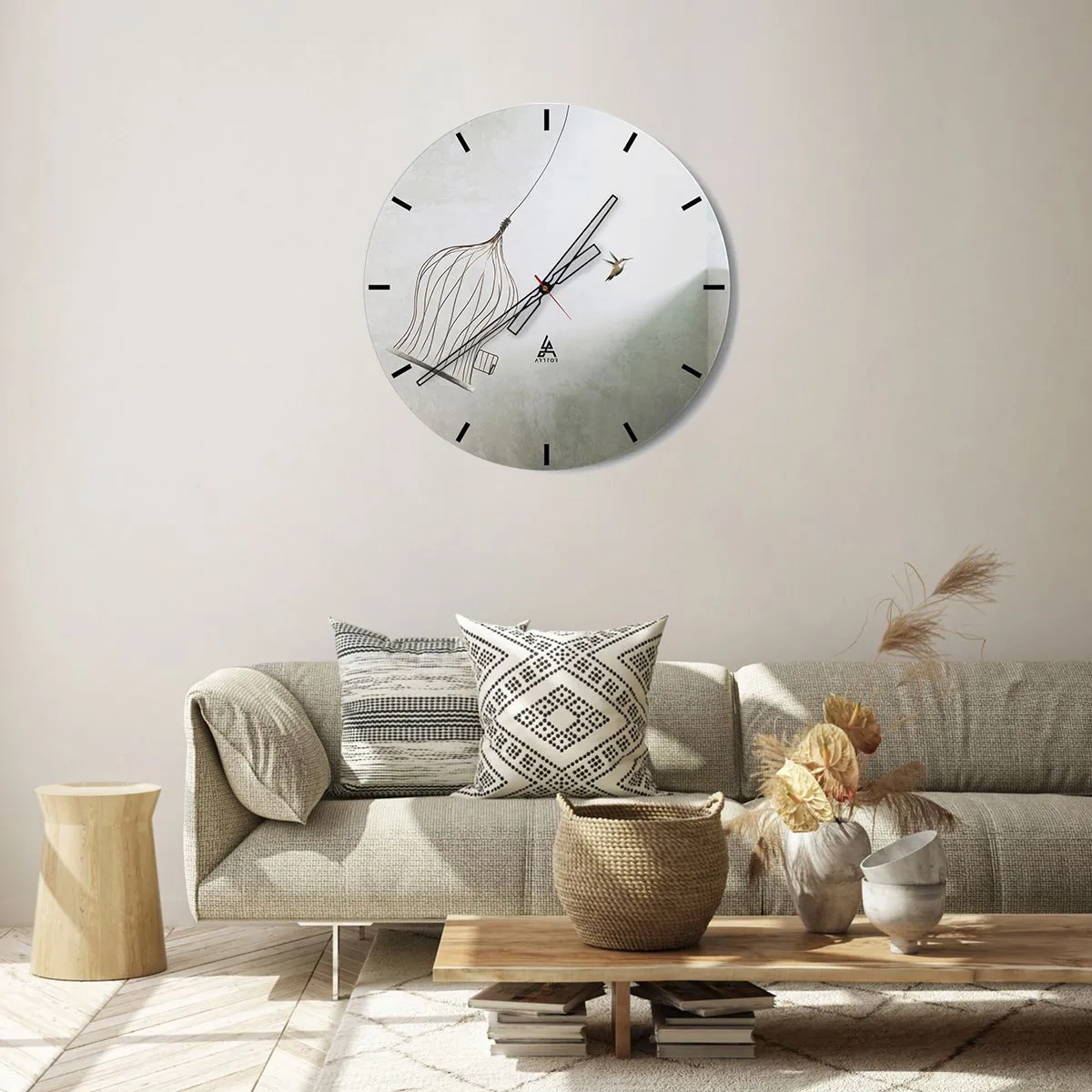 Wall clock - Clock on glass - A bird leaving its cage against a light background - 30x30cm - In His Element - Modern wall decoration for the living room, kitchen, and bedroom ARTTOR