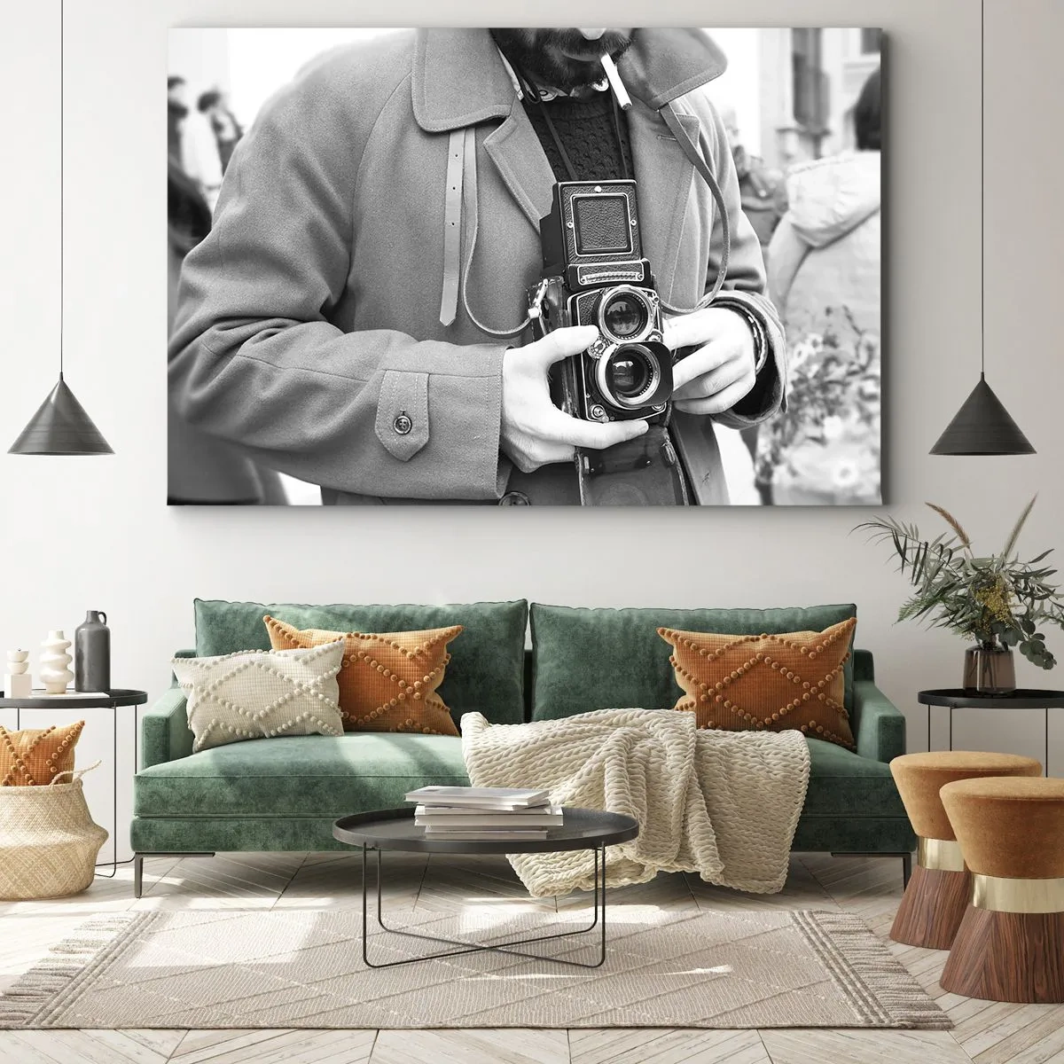 Canvas picture - Black and white photo of a man with a retro camera - 70x50cm - In Retro Style - Modern wall decoration for the living room and bedroom ARTTOR