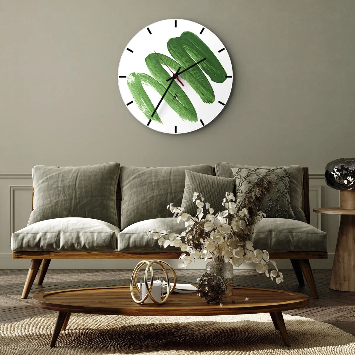 Wall clock - Clock on glass - Green brush strokes on a white background - 30x30cm - Green Joke - Modern wall decoration for the living room, kitchen, and bedroom ARTTOR