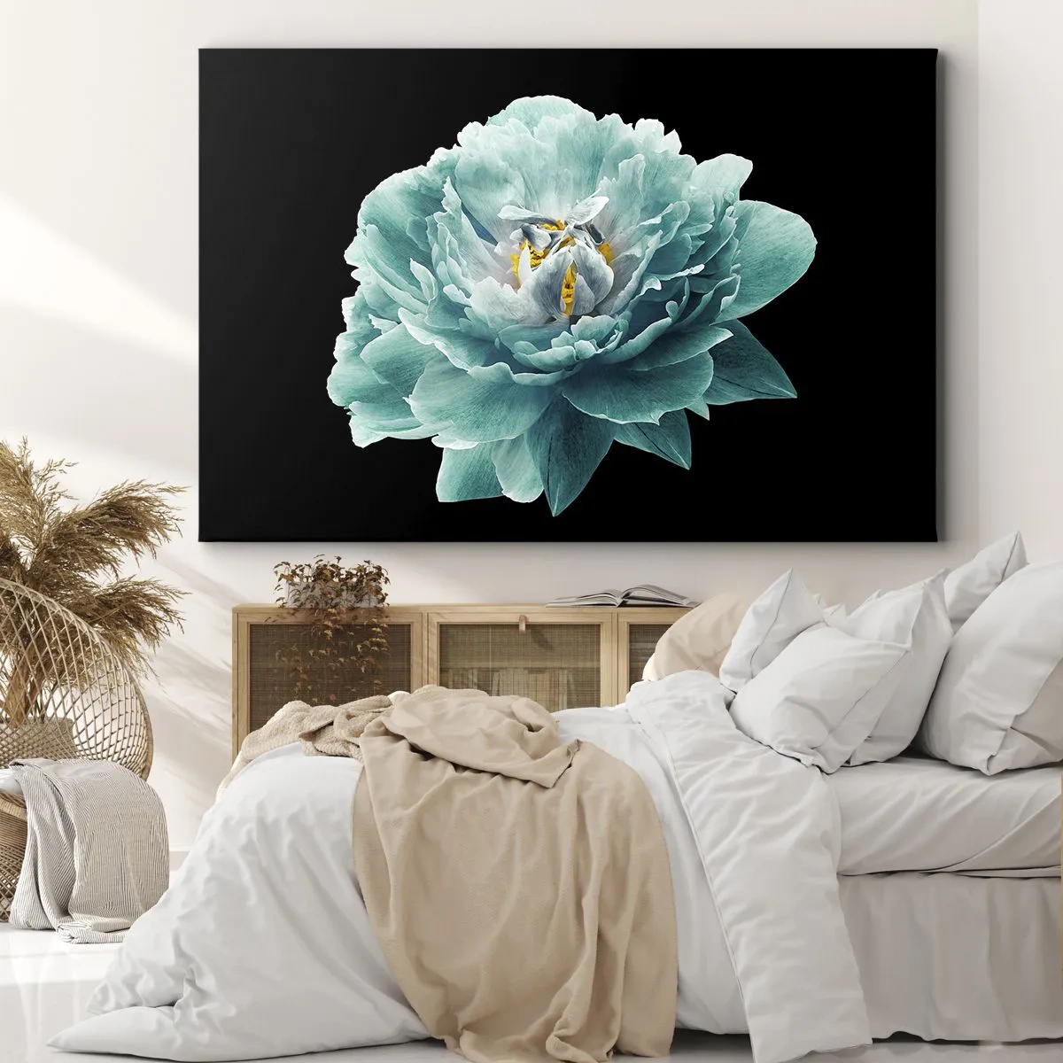 Canvas picture - Turquoise peony flower on a black background - 70x50cm - Blue and Gold Petals - Modern wall decoration for the living room and bedroom ARTTOR