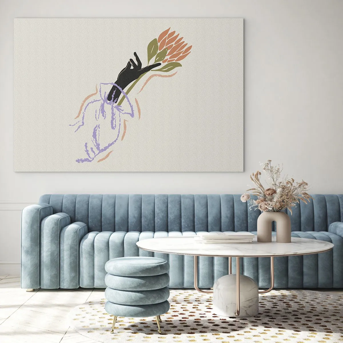 Glass picture - A stylized hand with a bouquet of flowers drawn with pastel lines. - 70x50cm - Sister Touch - Modern wall decoration for the living room and bedroom ARTTOR