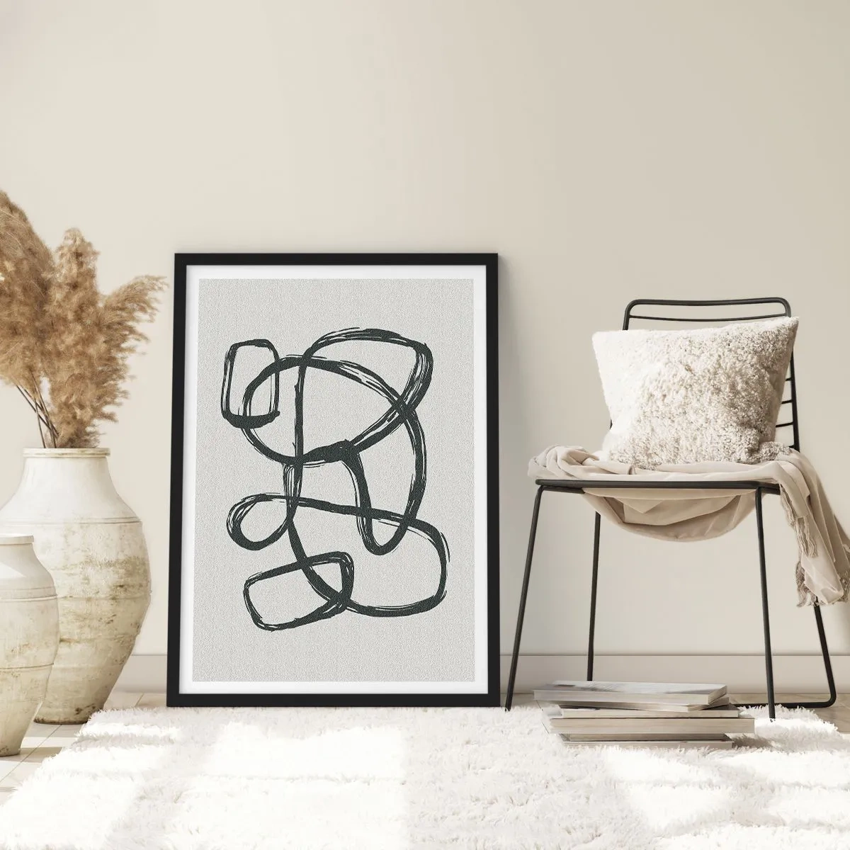 Poster in black frame - Abstract black line on a light background - 50x70cm - Abstract in Loops - Modern wall decoration for the living room and bedroom ARTTOR