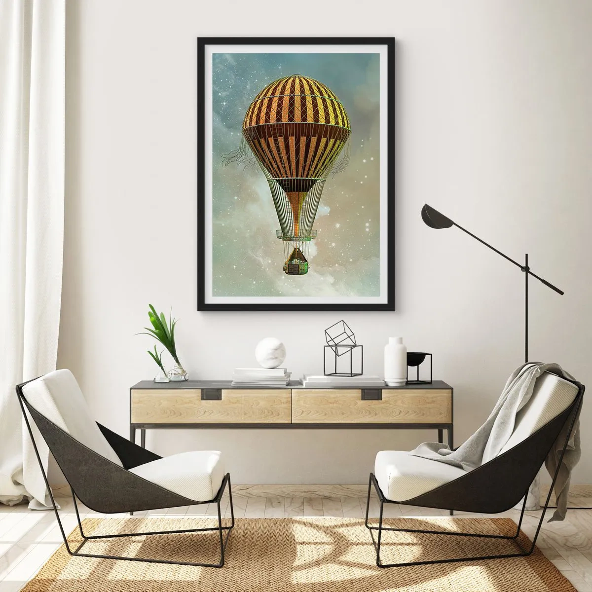 Poster in black frame - A golden balloon floating in outer space - 50x70cm - Pioneer Flight - Modern wall decoration for the living room and bedroom ARTTOR