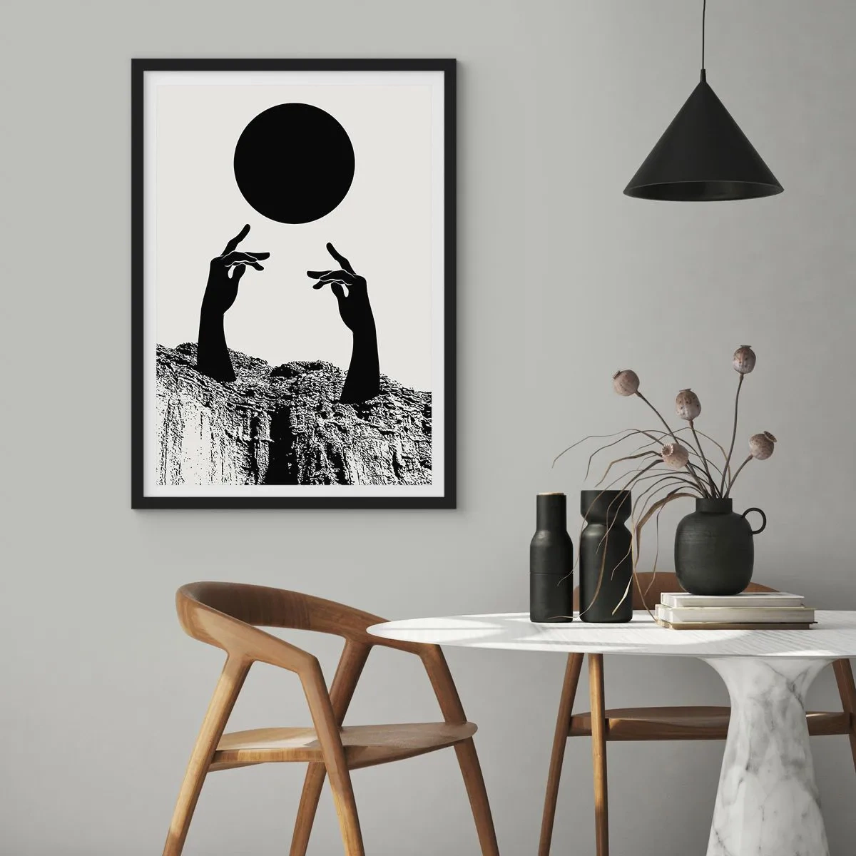 Poster in black frame - Symbolic hands reaching for a black ball against a background of rocks - 50x70cm - Surrealistic Composition: Sun and the Rest - Modern wall decoration for the living room and bedroom ARTTOR