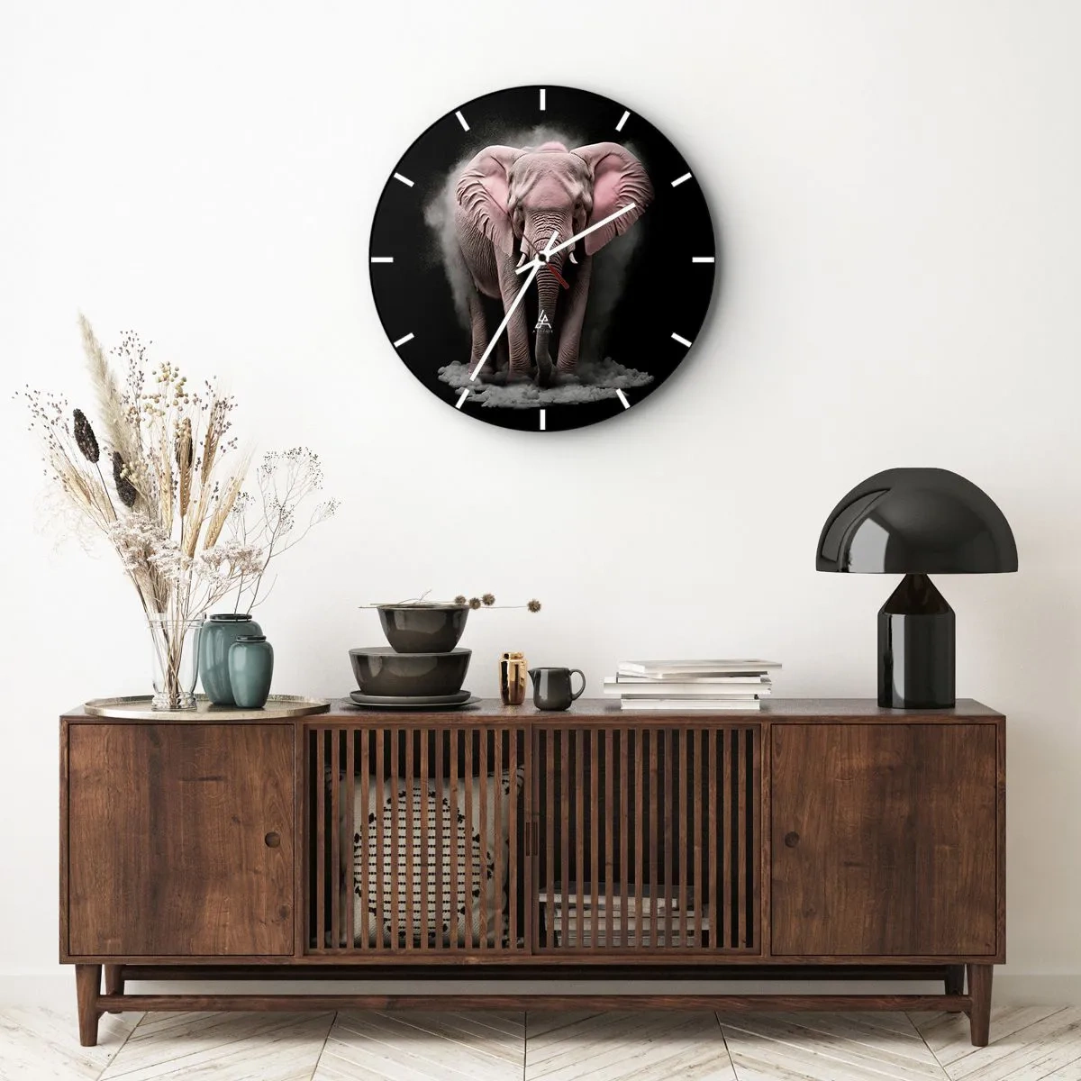 Wall clock - Clock on glass - A pink elephant on a black background surrounded by fog - 30x30cm - Don't Think About a Pink Elephant! - Modern wall decoration for the living room, kitchen, and bedroom ARTTOR
