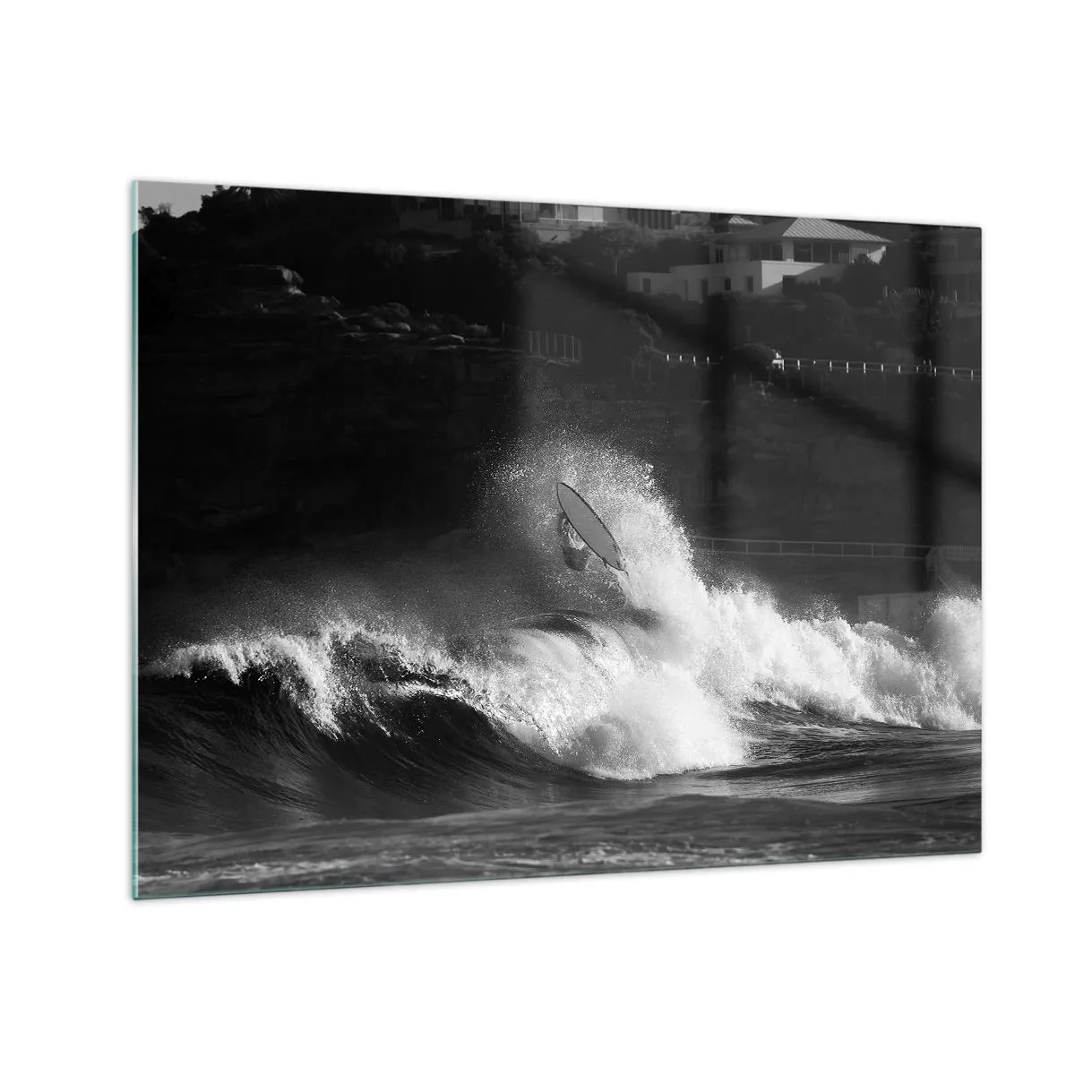 Glass picture - A surfer riding a wave captured in a black and white photograph - 70x50cm - Challenge Accepted! - Modern wall decoration for the living room and bedroom ARTTOR